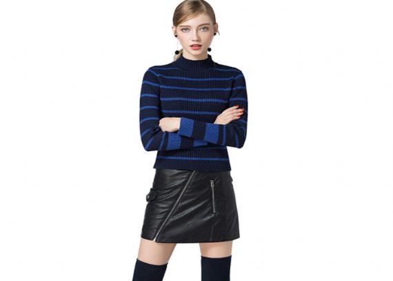 Suéter de punto para mujer de manga larga con costilla, cuello redondo, estilo de jersey de punto a rayas