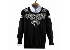 Crew Neck Nylon Long Sleeve Mens Black Pullover Sweater With Jacquard Pattern