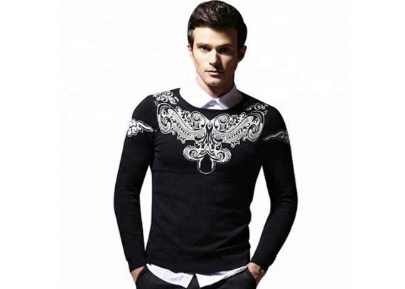 Suéter pulôver masculino preto com gola redonda de náilon manga longa com padrão jacquard