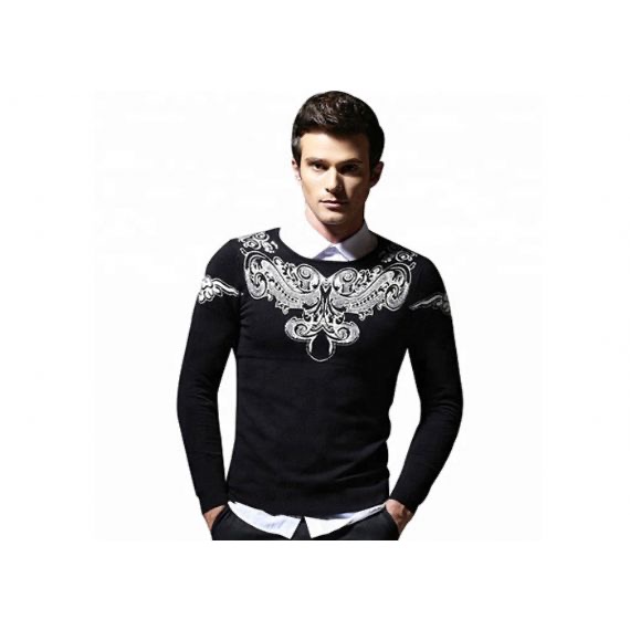 Suéter pulôver masculino preto com gola redonda de náilon manga longa com padrão jacquard