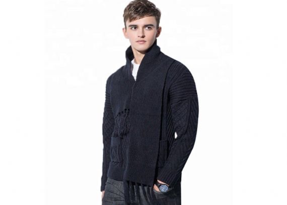 Suéter de punto para hombre con botón de acrílico negro, cárdigan de invierno con bufanda de punto