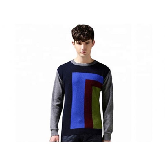 Spring Mens Cotton Pullover 12 Gauge Crew Neck Intarsia Patterns Colourful Jumper