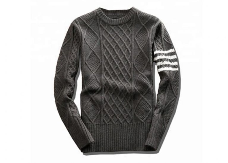 Spring Round Neck White Knit Pullover Sweater Stripe Long Sleeve Rib Him For Men