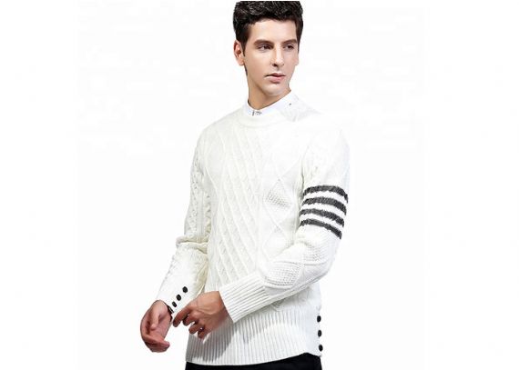 Primavera cuello redondo jersey de punto blanco suéter raya manga larga costilla él para hombres