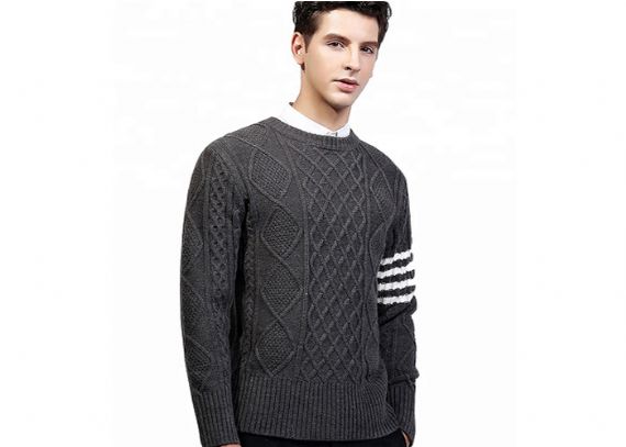 Primavera cuello redondo jersey de punto blanco suéter raya manga larga costilla él para hombres