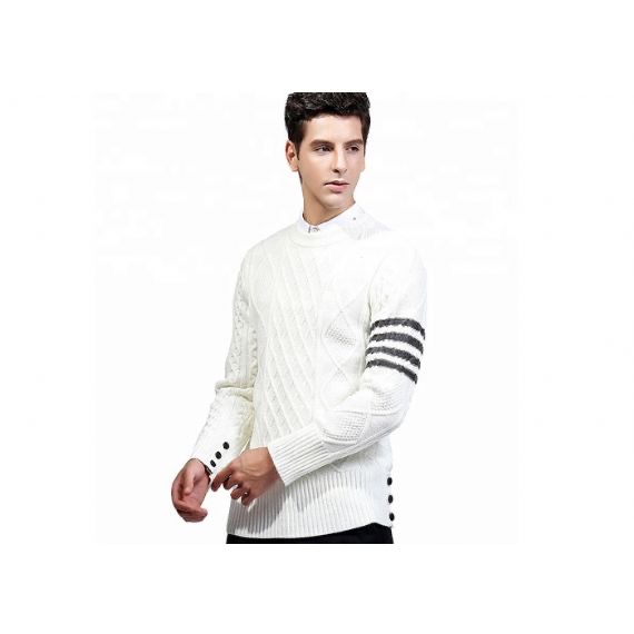 Spring Round Neck White Knit Pullover Sweater Stripe Long Sleeve Rib Him For Men