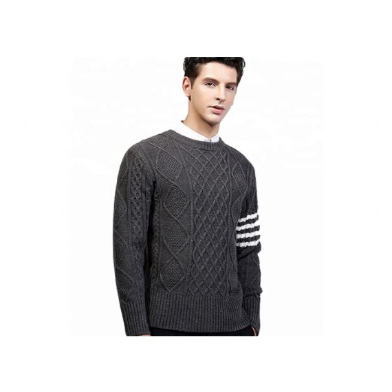 Spring Round Neck White Knit Pullover Sweater Stripe Long Sleeve Rib Him For Men