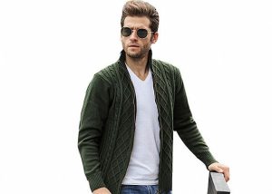 Jacquard Thick Long Cable Knitted Full Zip Army Green Cardigan Sweaters For Mens