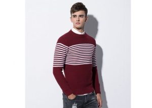 Mens Winter Slim Fit Round Neck Cotton Cable White and Red Striped Sweater