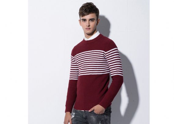 Suéter de rayas blancas y rojas de cable de algodón con cuello redondo entallado de invierno para hombre