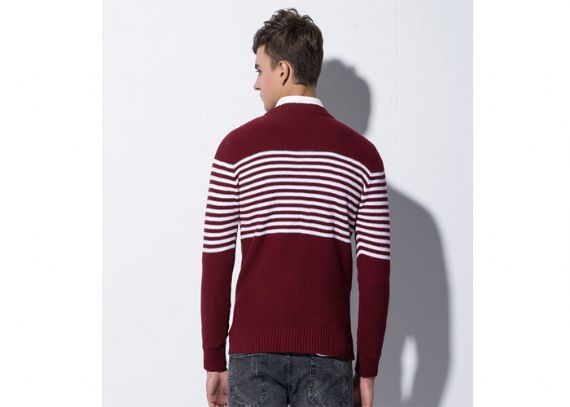 Suéter de rayas blancas y rojas de cable de algodón con cuello redondo entallado de invierno para hombre