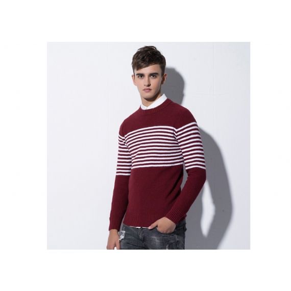 Suéter de rayas blancas y rojas de cable de algodón con cuello redondo entallado de invierno para hombre