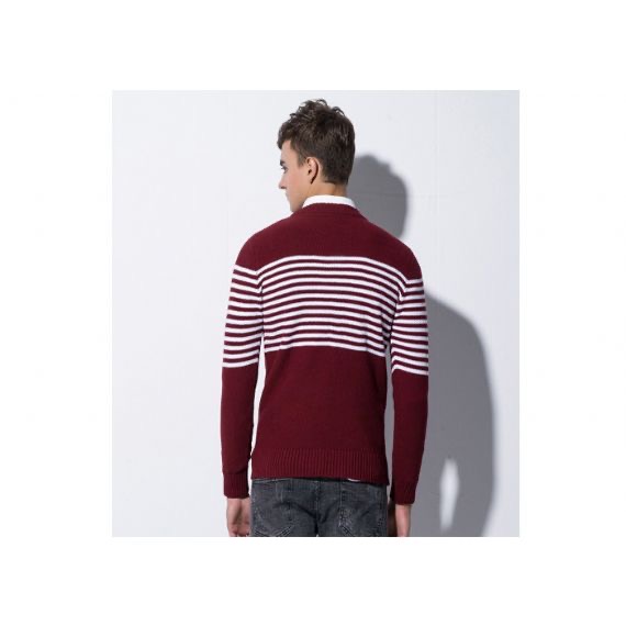 Suéter de rayas blancas y rojas de cable de algodón con cuello redondo entallado de invierno para hombre