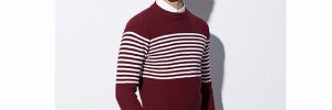 Mens Winter Slim Fit Round Neck Cotton Cable White and Red Striped Sweater