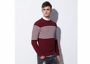 Mens Winter Slim Fit Round Neck Cotton Cable White and Red Striped Sweater