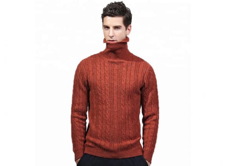 Red Cable Mens High Neck Jumper, Knit Pullover Acrylic Thick Turtleneck Sweater