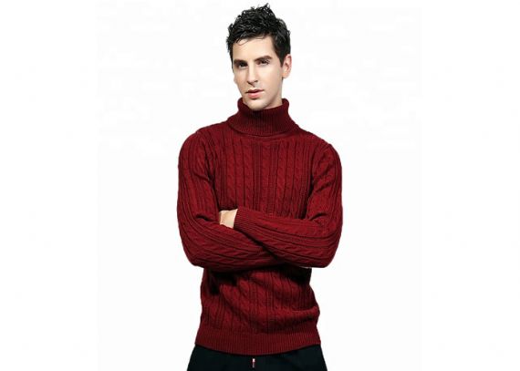 Jersey de cuello alto para hombre del cable rojo, suéter de cuello alto grueso de acrílico del jersey de punto