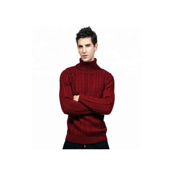 Red Cable Mens High Neck Jumper, Knit Pullover Acrylic Thick Turtleneck Sweater