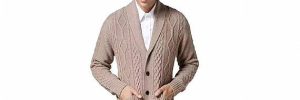 Chunky Knit Cotton Acrylic Cable Mens Shawl Collar Cardigan Sweater