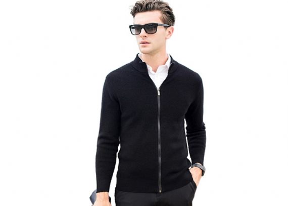 Mens Full Zip Cardigan Sweater , Mens Black Long Sleeve Cardigan Wool Sweater