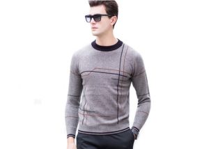 Crew Neck Mens Pullover Sweater Striped Pattern Intarsia Design For Winter
