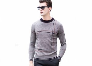 Crew Neck Mens Pullover Sweater Striped Pattern Intarsia Design For Winter
