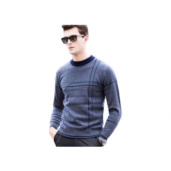 Crew Neck Mens Pullover Sweater Striped Pattern Intarsia Design For Winter