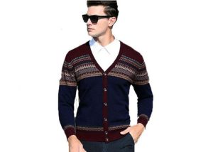 Men’s V Neck Jacquard Wool Cardigan Sweater Button Knit Woolen Sweater For Mens