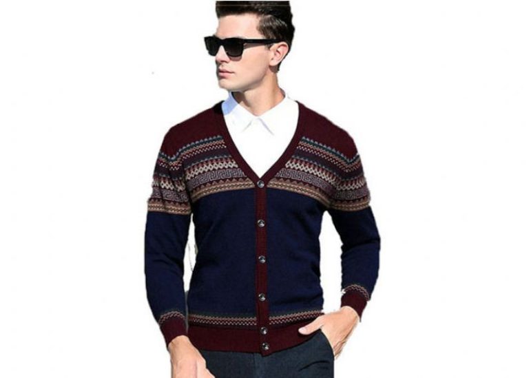 Men’s V Neck Jacquard Wool Cardigan Sweater Button Knit Woolen Sweater For Mens
