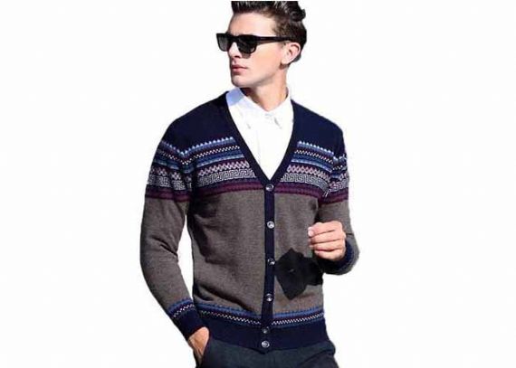 Suéter de lana de punto con botón de suéter de lana jacquard con cuello en V para hombre