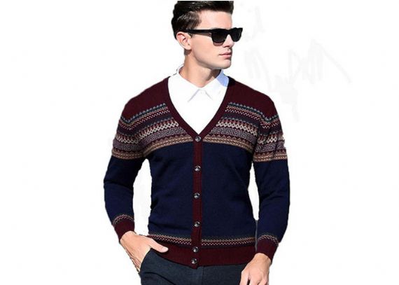Suéter de lana de punto con botón de suéter de lana jacquard con cuello en V para hombre