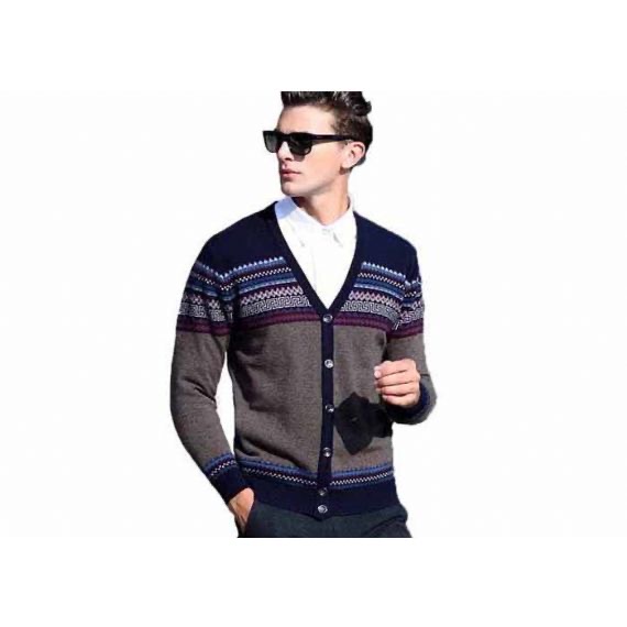 Suéter de lana de punto con botón de suéter de lana jacquard con cuello en V para hombre