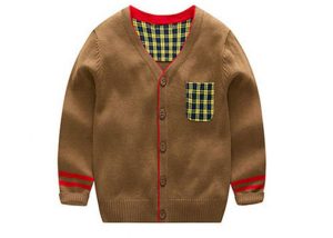 Cotton Boy V Neck Kids Knit Sweater Patch Pocket Design Standard Thickness