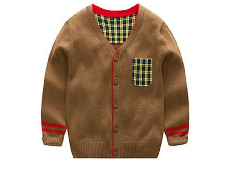 Cotton Boy V Neck Kids Knit Sweater Patch Pocket Design Standard Thickness