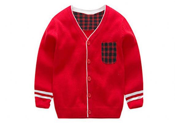 Los niños del cuello en V del muchacho del algodón hacen punto grueso estándar del diseño del bolsillo del remiendo del