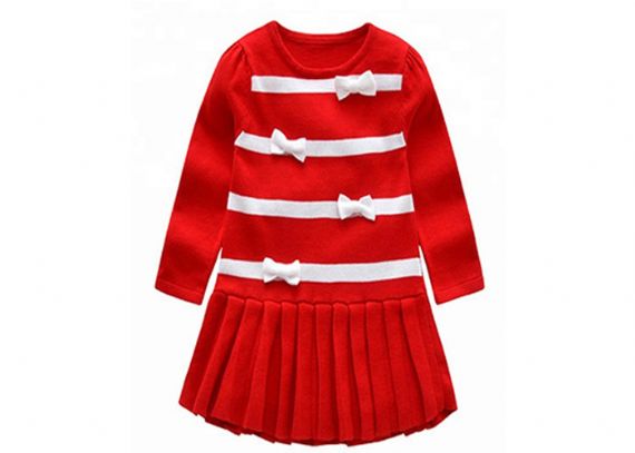Vestido largo del suéter de la niña del invierno, cuello rojo del cuello de O del suéter del niño