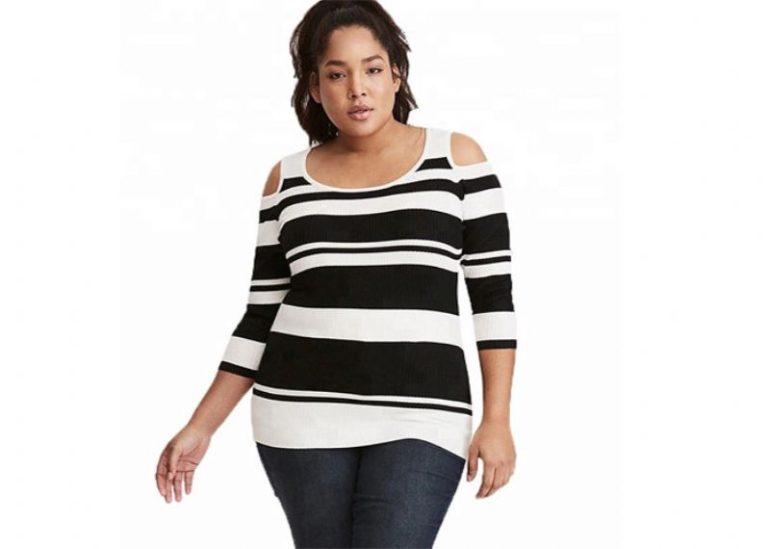 Drop Shoulder Oversized Knit Sweaters Stripe Knitted Polyester / Cotton Material