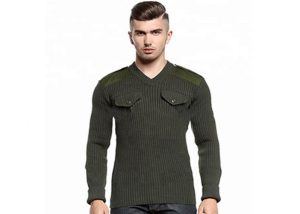 Thick Tight Cable Knitted V Neck Patch Design Military Pullover Sweater
