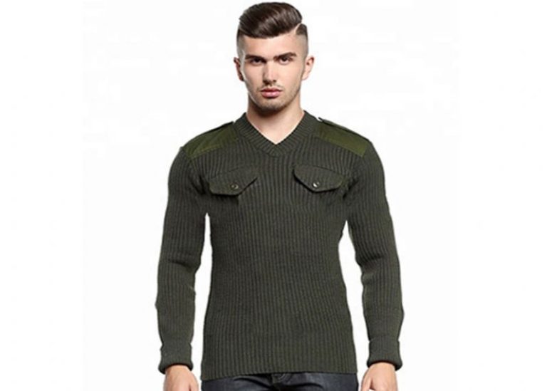 Thick Tight Cable Knitted V Neck Patch Design Military Pullover Sweater