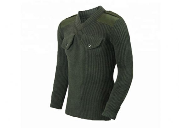 Suéter militar hecho punto cable grueso del jersey del diseño del remiendo del cuello en V