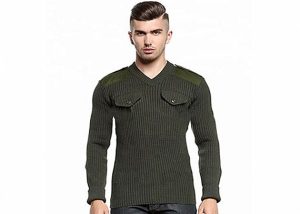 Thick Tight Cable Knitted V Neck Patch Design Military Pullover Sweater
