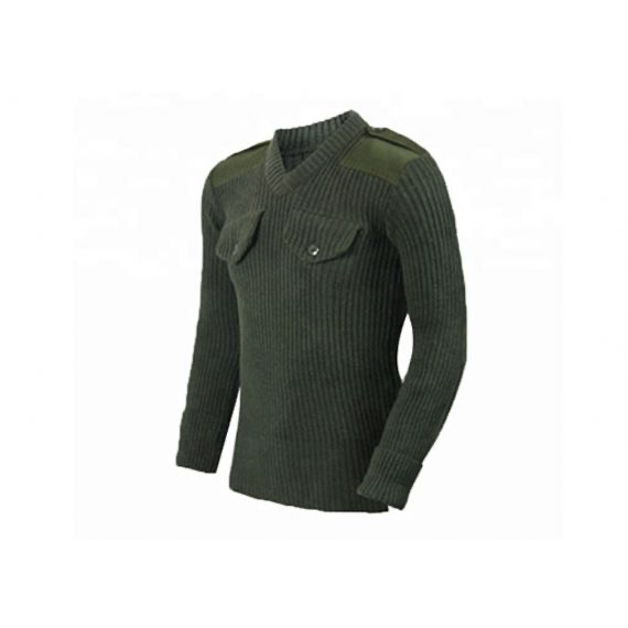 Thick Tight Cable Knitted V Neck Patch Design Military Pullover Sweater