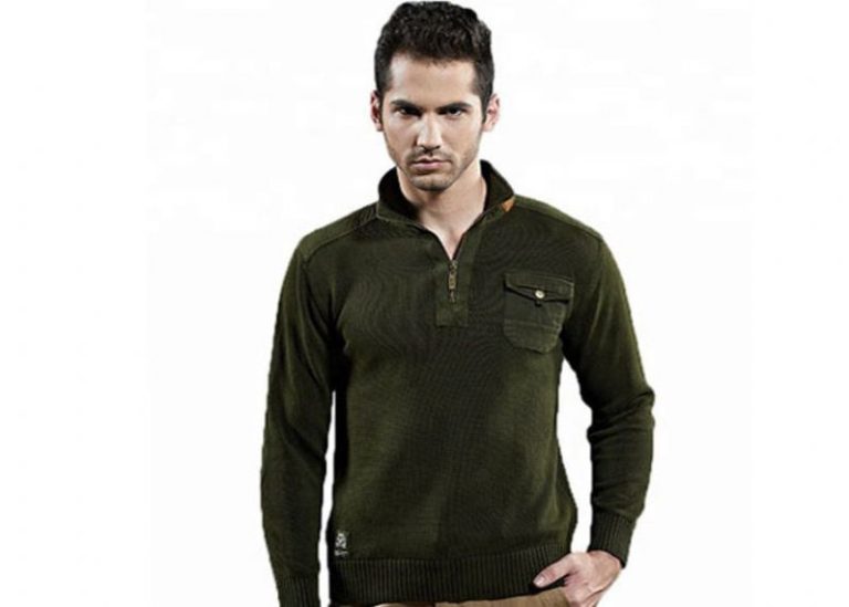 Cotton Zip Up Army Green Sweater , Military Style Sweater With Pockets