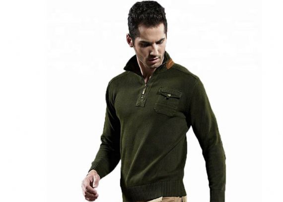 Suéter de algodón con cremallera verde militar, suéter de estilo militar con bolsillos