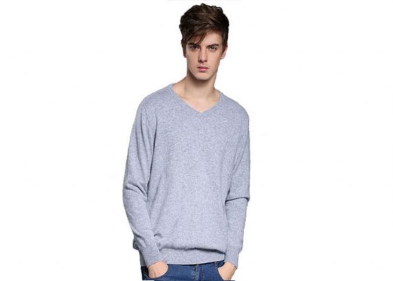 Suéter minimalista de la cachemira con cuello de pico, telar jacquar llano de los puentes para hombre de la cachemira
