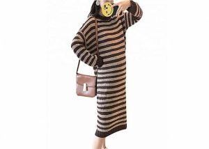 Wool Cotton Women Striped Maternity Knit Sweater Dresses With O Neck Collar