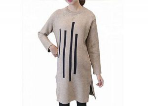 Navy Beige Round Neck Long Maternity Knit Sweater Vertical Stripes Pregnant Dress