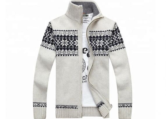Cremallera de manga larga con cuello alto de otoño y suéter para hombre de punto Jacquard Cardigan