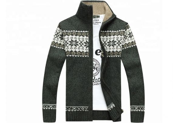Cremallera de manga larga con cuello alto de otoño y suéter para hombre de punto Jacquard Cardigan