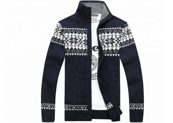 Cremallera de manga larga con cuello alto de otoño y suéter para hombre de punto Jacquard Cardigan